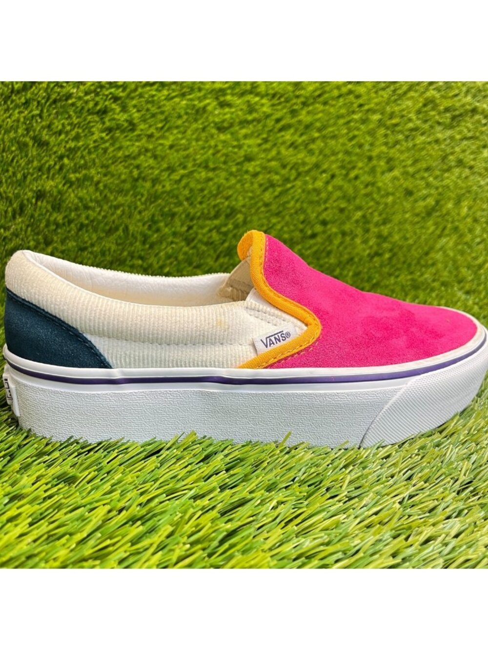 Vans Mini Cord Classic Slip-On Womens Size 5.5 Pink Blue Platform Shoes Sneakers